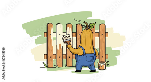 Animated Pumpkin Character Painting Wooden Fence with Fresh Paint in Daylight