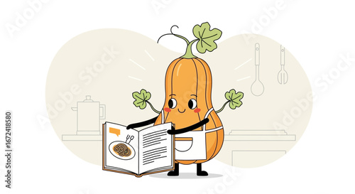Animated Pumpkin Chef Delightfully Reviewing Cookbook With Recipe Ideas And Culinary Visions