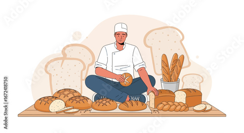 Artistic Baker Crafting Fresh Bread Variety Sitting Amongst Baked Goods And Loaves