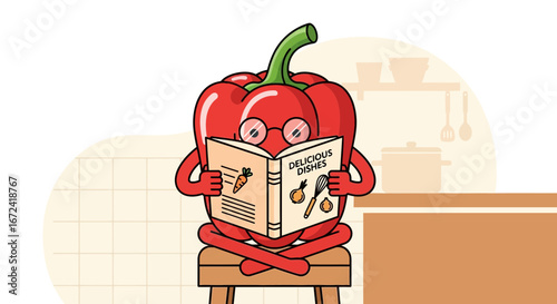 Animated Red Pepper Character Reading A Cookbook And Contemplating Culinary Delights