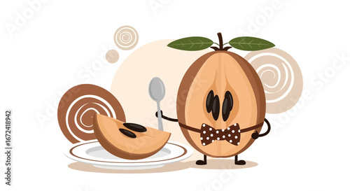 Animated Sapodilla Fruit Character Posing Ready To Enjoy A Delicious Treat With Dessert
