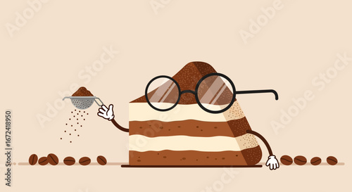 Animated Slice Of Cake Enjoying Cocoa Powder Sprinkling Over Coffee Beans And Itself