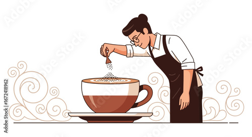 Artistic Barista Creating Coffee: Beverage Preparation And Latte Art Display