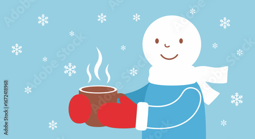 Animated Snowman Enjoying Cocoa In Festive Winter Wonderland During Falling Snowfall