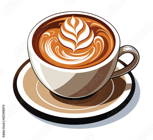 Cup of tea with spiderweb foam art presents a smiling spoon in a playful and inviting scene. Cup of tea with spiderweb design creates a festive atmosphere,