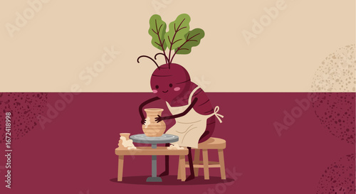 Artistic Beetroot Enjoying Ceramic Work, Crafting a Pottery Vase with Dedication and Skill