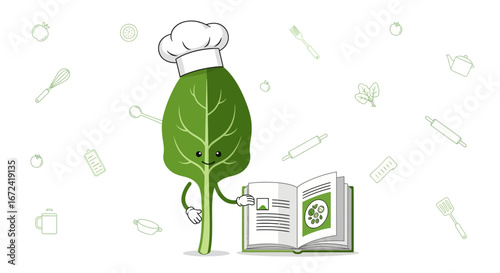 Animated Spinach Chef Leaf With Recipe Book And Kitchen Utensils In Whimsical Style