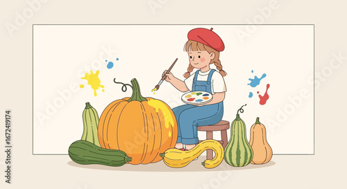 Artistic Child Painting Vivid Gourds and Pumpkins in a Whimsical Autumnal Scene