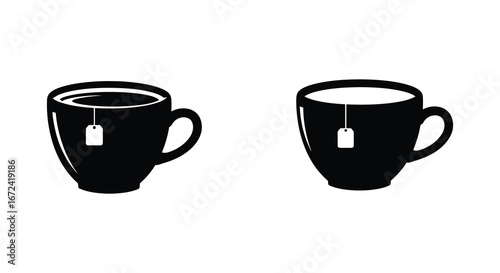 Two black silhouette tea cups with white tea bags inside