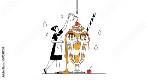 Artistic Creation Of Gourmet Ice Cream Sundae By Dedicated Professional For Enjoyment