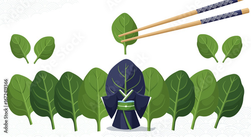 Artistic Depiction Of Botanicals With Chopsticks And Traditional Attire In Green Tones