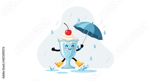 Animated Sundae Character Joyfully Navigating Rainy Weather With Umbrella And Happiness