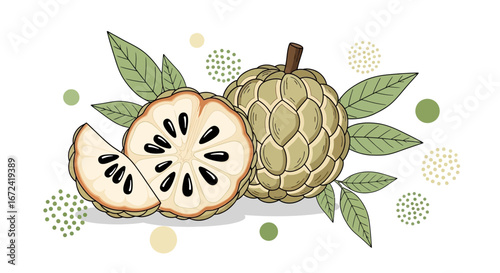 Artistic Depiction Of Custard Apple Fruit And Leaves On A White Background