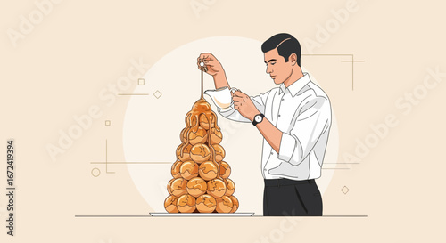 Artistic Depiction Of Culinary Creation: A Man Drizzling Sauce Over Decadent Pastry Tower