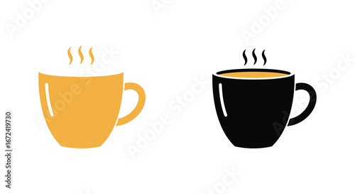 Two steaming coffee mugs in yellow and black on a white background