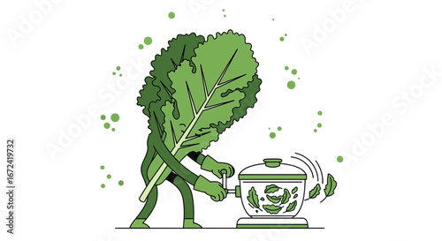 Animated Vegetable Character Cooking Fresh Greens in a Quirky Kitchen Setting