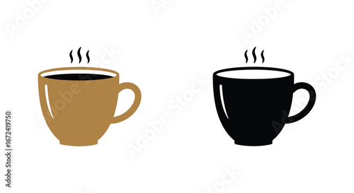 Two steaming coffee mugs in brown and black on white background