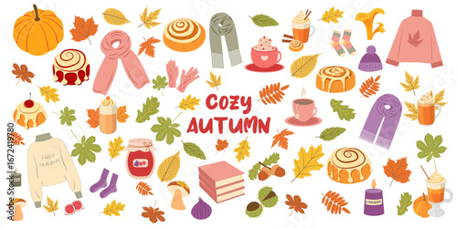 Big cozy autumn set: books, harvest, candles, leaves, warm clothes, cinnamon rolls, pumpkin spice latte in flat style. Hand drawn vector illustration for banners, cards, social media