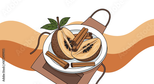 Artistic Illustration Of A Cut Fruit With Cinnamon Sticks On A White Plate With Apron Base