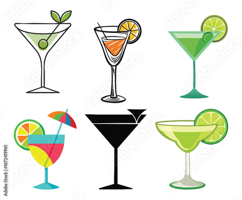 Set of four colorful alcoholic cocktails in different glasses. Hand-drawn watercolor illustration of summer drinks isolated on transparent background.