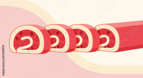 Artistic Illustration Of A Delicious Raspberry Swiss Roll On A Gradient Pink Background