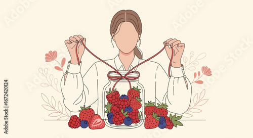 Artistic Illustration Of A Woman Holding A Jar Filled With Fresh Berries and Ribbons