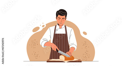 Artistic Illustration Of Chef Carving Loaf Of Bread On Wooden Board In The Kitchen