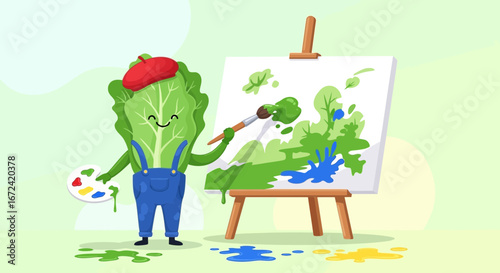 Artistic Lettuce Person Painting A Landscape Scene On Its Canvas In A Creative Way