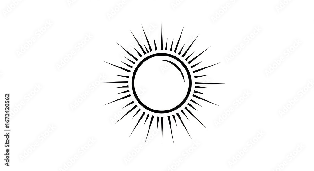 Fototapeta premium Stylized sun with rays emanating from a central circle, black on white.