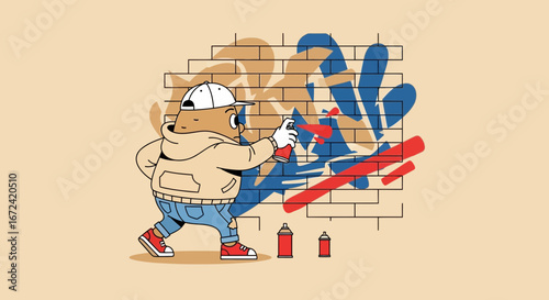 Artistic Potato Sprays Graffiti on Wall Depicting Urban Expression in Modern Illustration