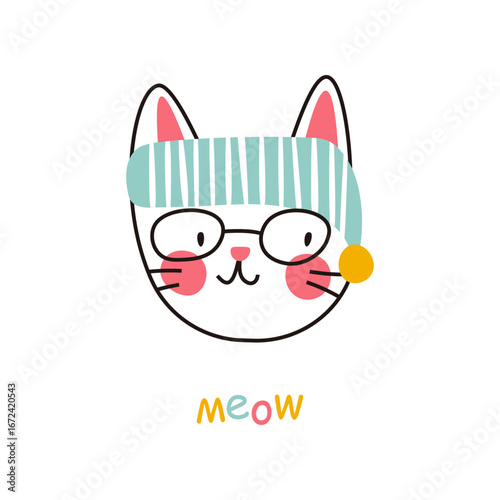 postcard with funny cat with hat and the text meow