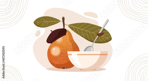 Artistic Rendering of a Pear Displayed Alongside a Bowl and a Silver Spoon