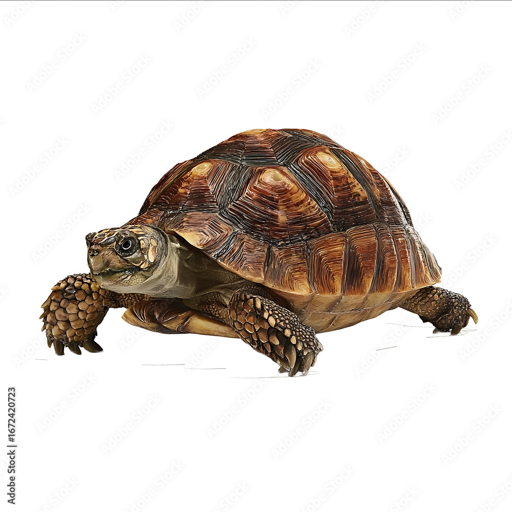 Fototapeta premium A realistic fullbody depiction of a tortoise on a white background with a hyperrealistic photorealistic style reminiscent of cinematic imagery