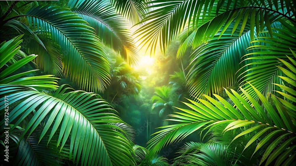 Fototapeta premium Lush green palm leaves in a tropical rainforest with bright sunlight