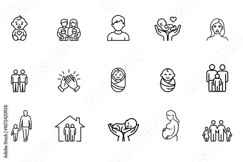 Icons of life: This image is an assortment of minimalistic line icons representing different stages and aspects of human life. It provides a visually clean and versatile set for design applications.