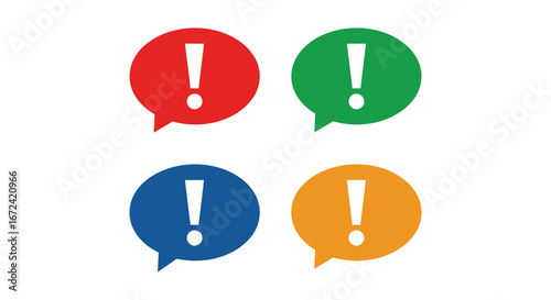 Colorful speech bubbles with exclamation marks on white background