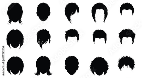 Collection of various black hairstyle silhouettes on white background