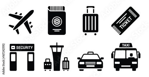 Air travel and transportation icon set featuring airplane, passport, suitcase, ticket, security gate, control tower, and taxi vehicles