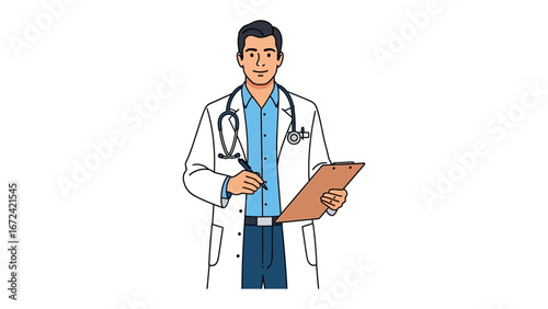 Expert Doctor: A confident medical professional, embodying expertise and care with his pen, clipboard, and stethoscope. Focused on patient well-being and health.