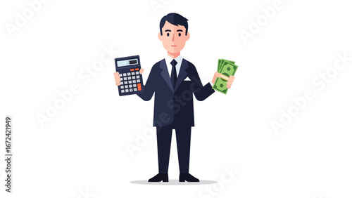 Financial Advisor: A sharply dressed individual, representing a financial advisor, expertly balances a calculator in one hand and a stack of currency in the other, demonstrating financial prowess.