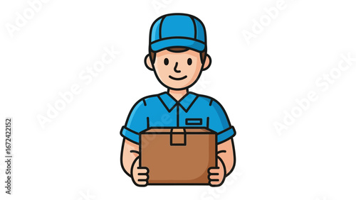 Delivery Guy with Package: A cheerful delivery person in a blue uniform, wearing a cap, holds a package, ready to bring service. This scene is a visual embodiment of service and helpfulness.