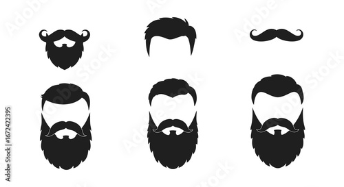 black silhouettes of various beards and hairstyles on white background