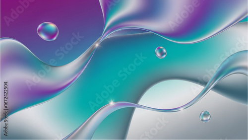 Iridescent fluid forms with floating spheres against gradient backdrop creating ethereal composition view