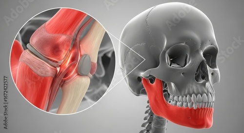 Detailed medical view of human jaw temporomandibular joint tmj anatomy and pain focus