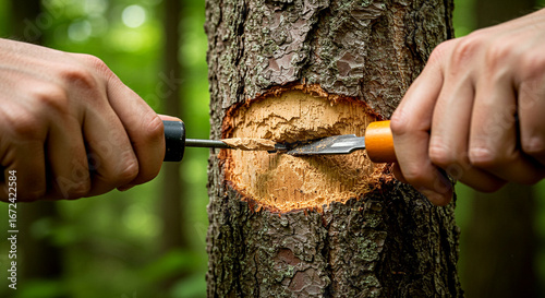 Carving Tree Trunk with Chisels in Forest Setting
