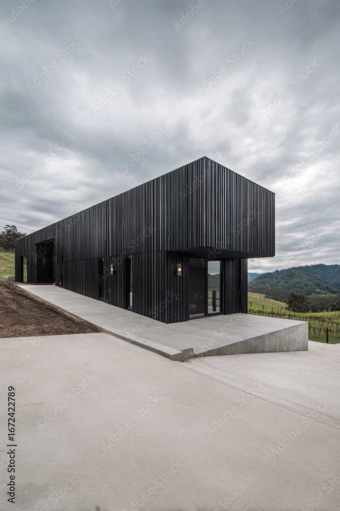 Obraz premium Modern black building stands on a hillside with panoramic views over vineyards under an overcast sky during early evening hours