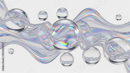 Iridescent fluid wave with transparent spheres floating in a clean white background scene display render