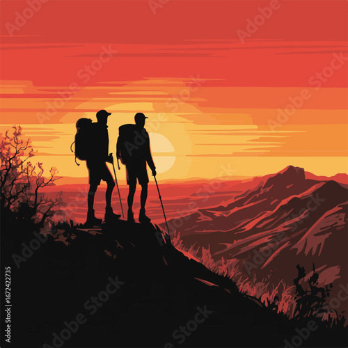 Hikers on a Mountain Summit at Sunset (Descriptive and includes key elements)