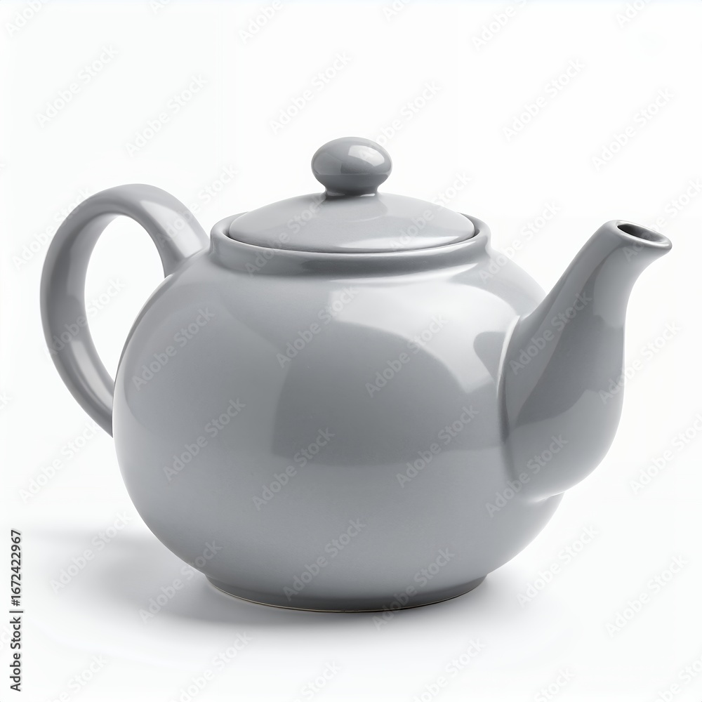 Obraz premium Elegant ceramic teapot in soft gray tone, perfect for teatime aesthetics on white background