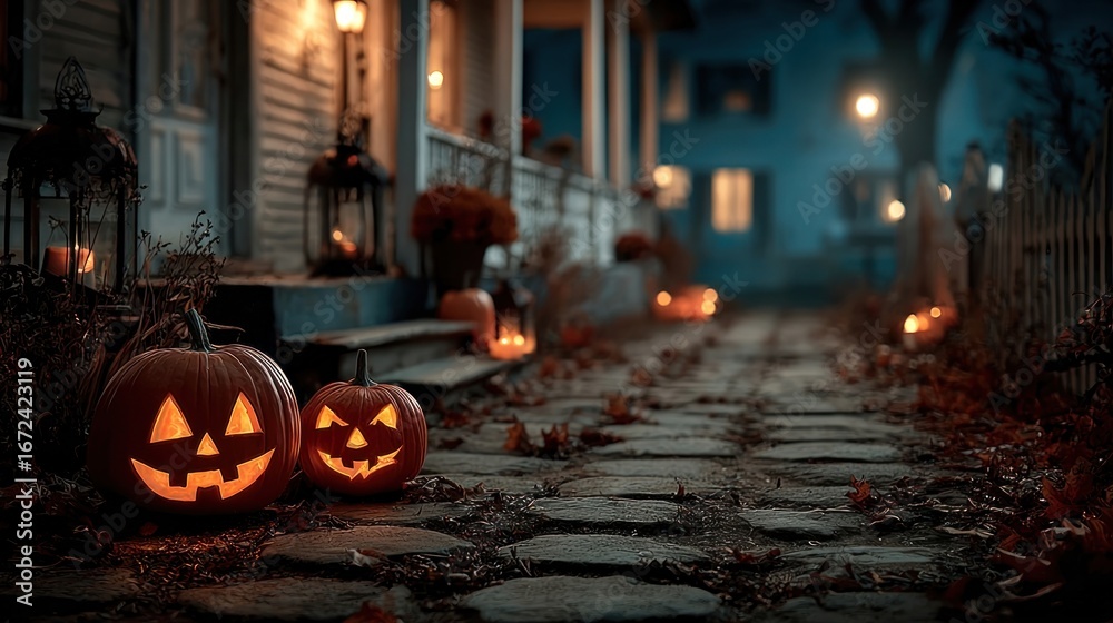 Fototapeta premium Jack O' Lantern eyes glowing in the dark with Halloween decorations